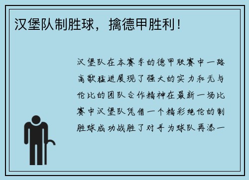 汉堡队制胜球，擒德甲胜利！